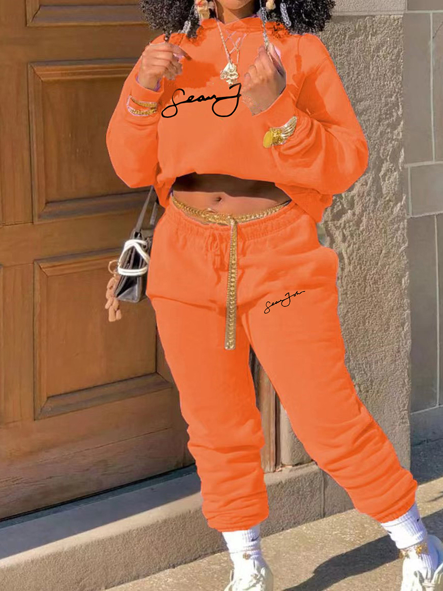 LW Plus Size Letter Print Kangaroo Pocket Tracksuit Set