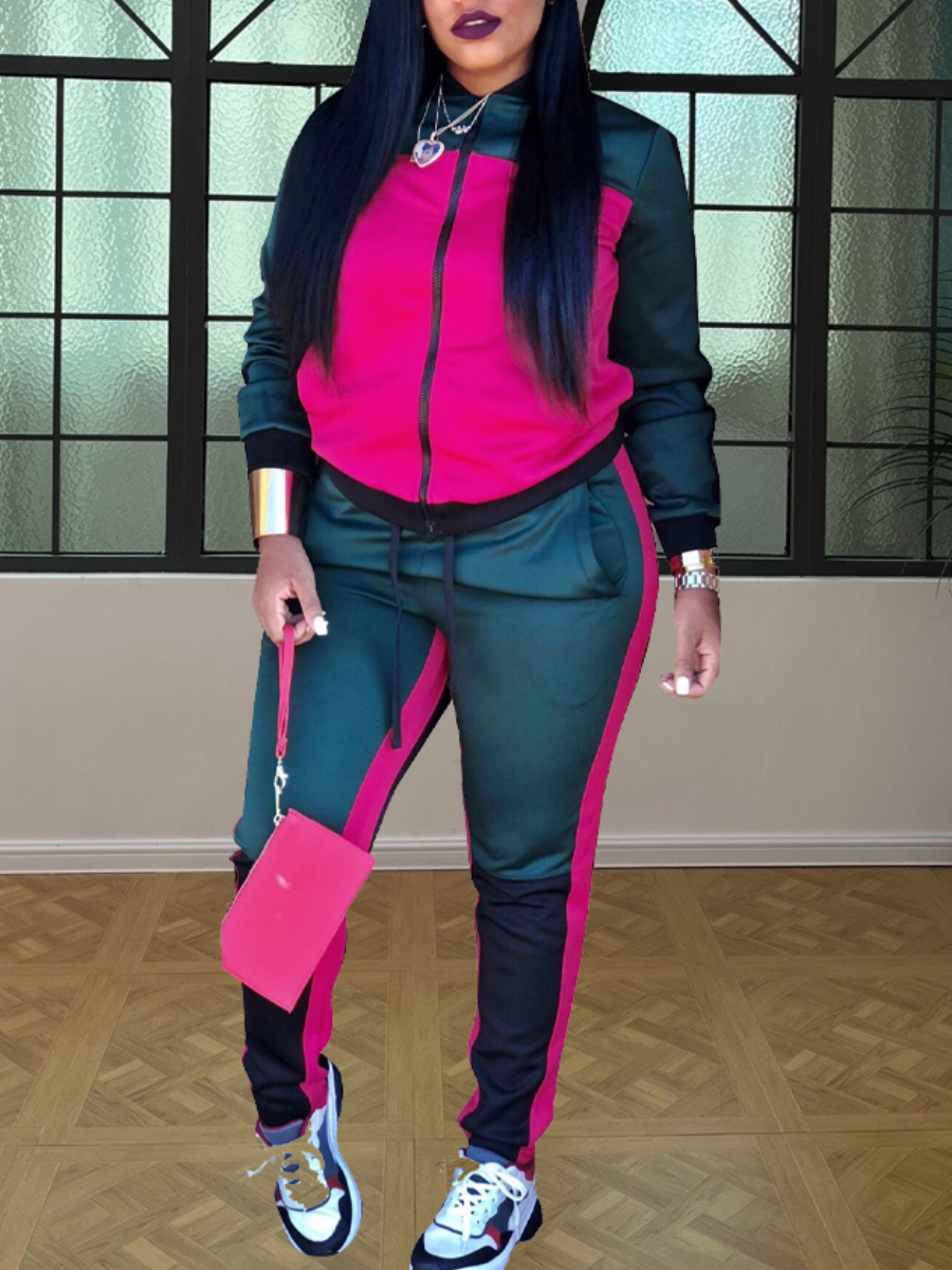 LovelyWholesale Plus Size Striped Patchwork Drawstring Pants Set Fall Long Sleeve Casual Round Neck  3X Spring Summer 2024