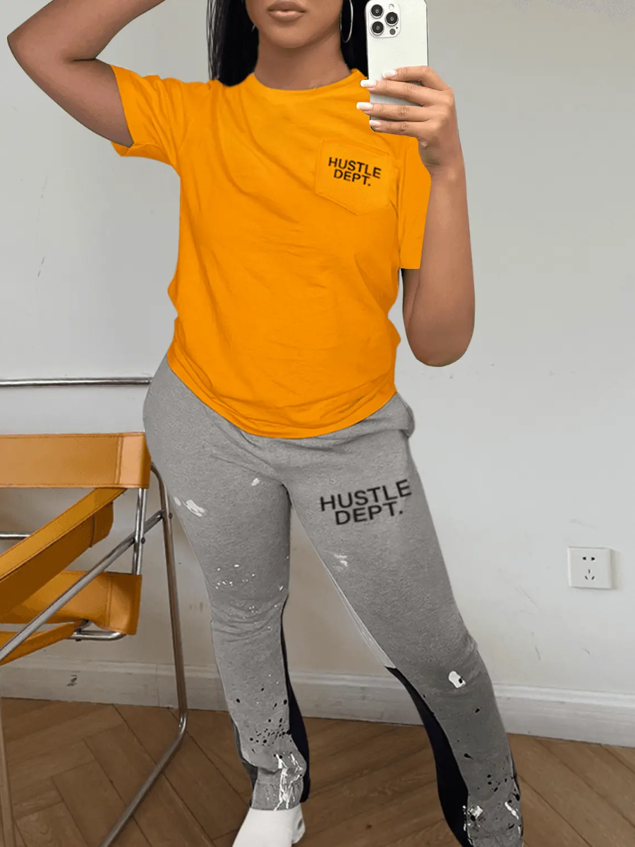 LovelyWholesale Letter Print Pocket Design Pants Set Spring Short Sleeve Casual Pattern Round Neck Spring Summer 2024