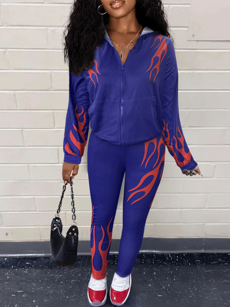 LW Hooded Collar Flame Print Tracksuit Set