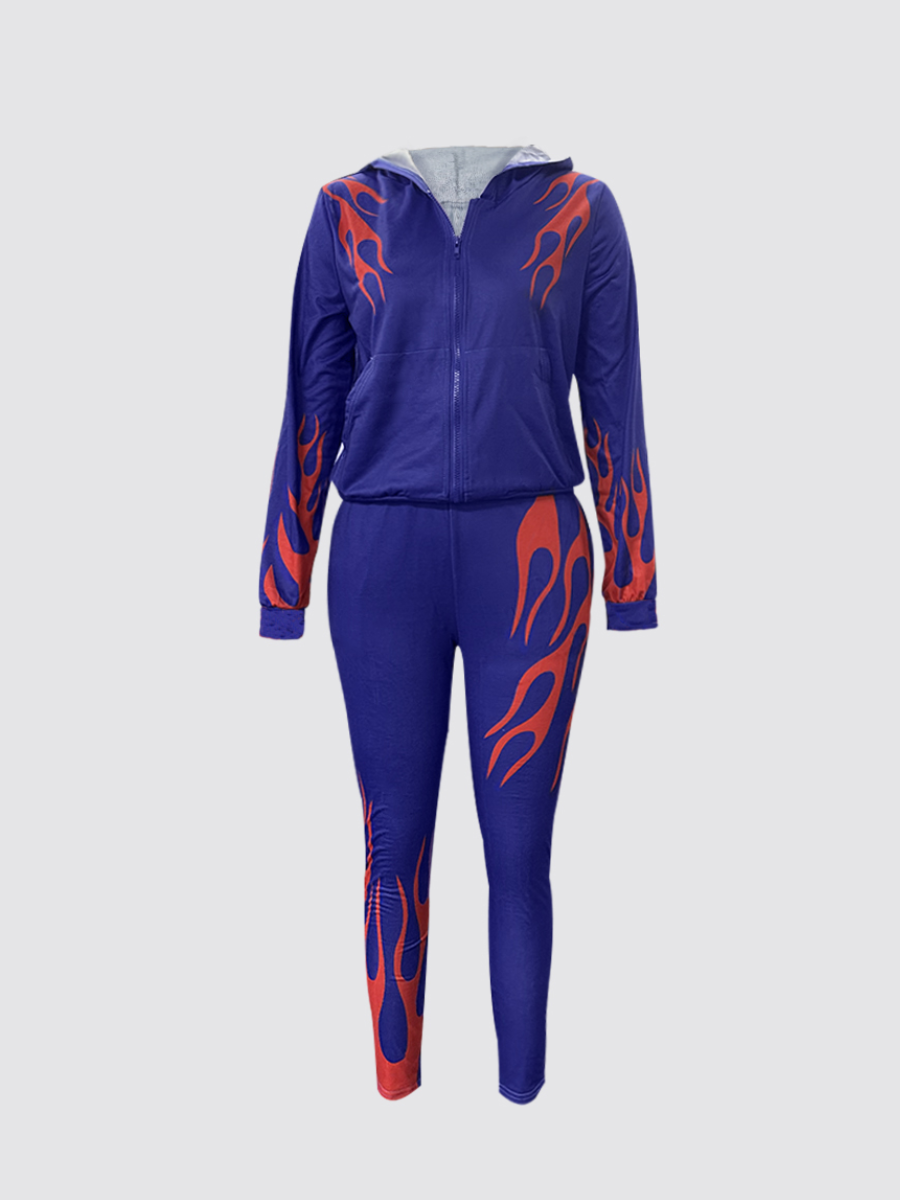 LW Hooded Collar Flame Print Tracksuit Set