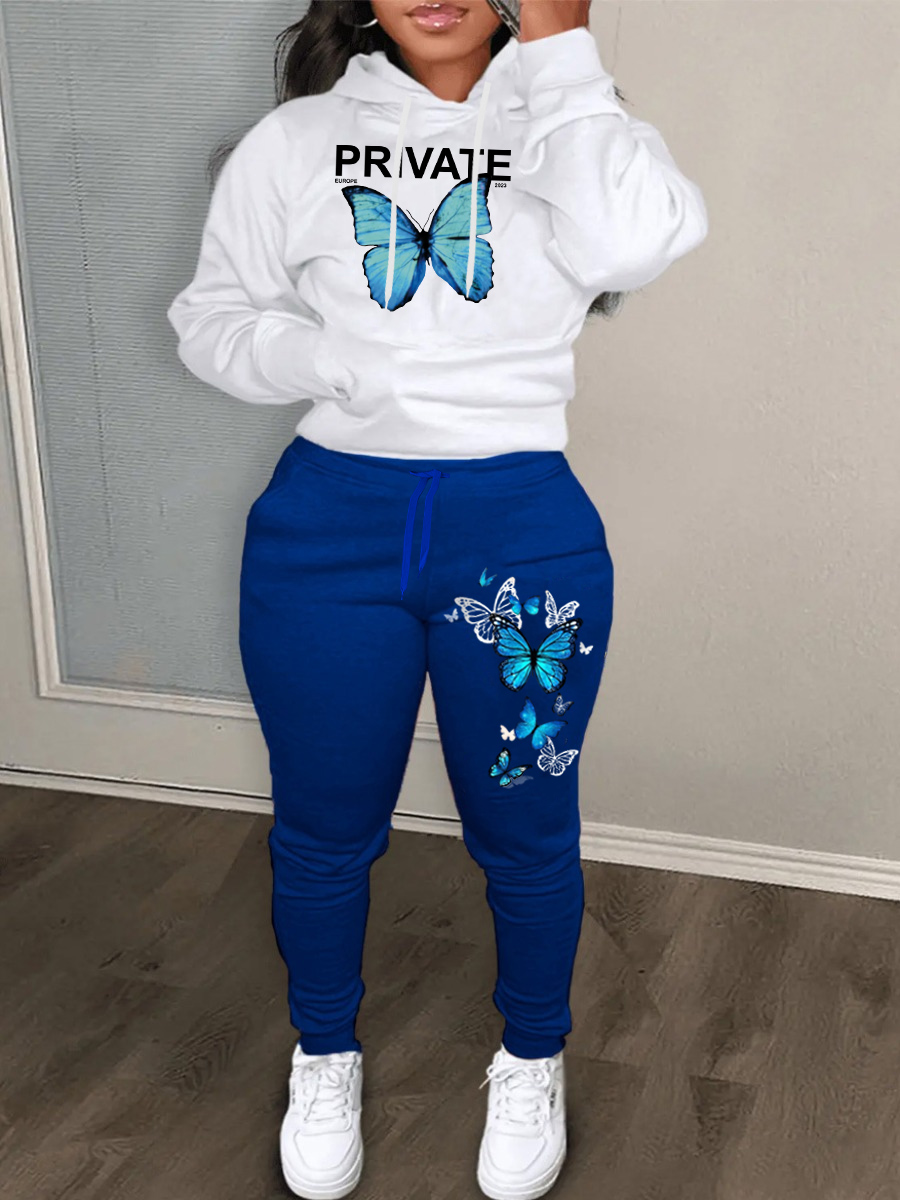 LW Plus Size Butterfly Letter Print Kangaroo Pocket Tracksuit Set