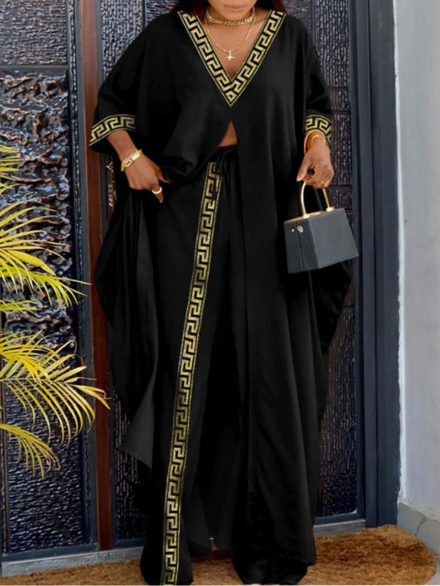 LW Plus Size V Neck Geometric Print Loose Pants Set