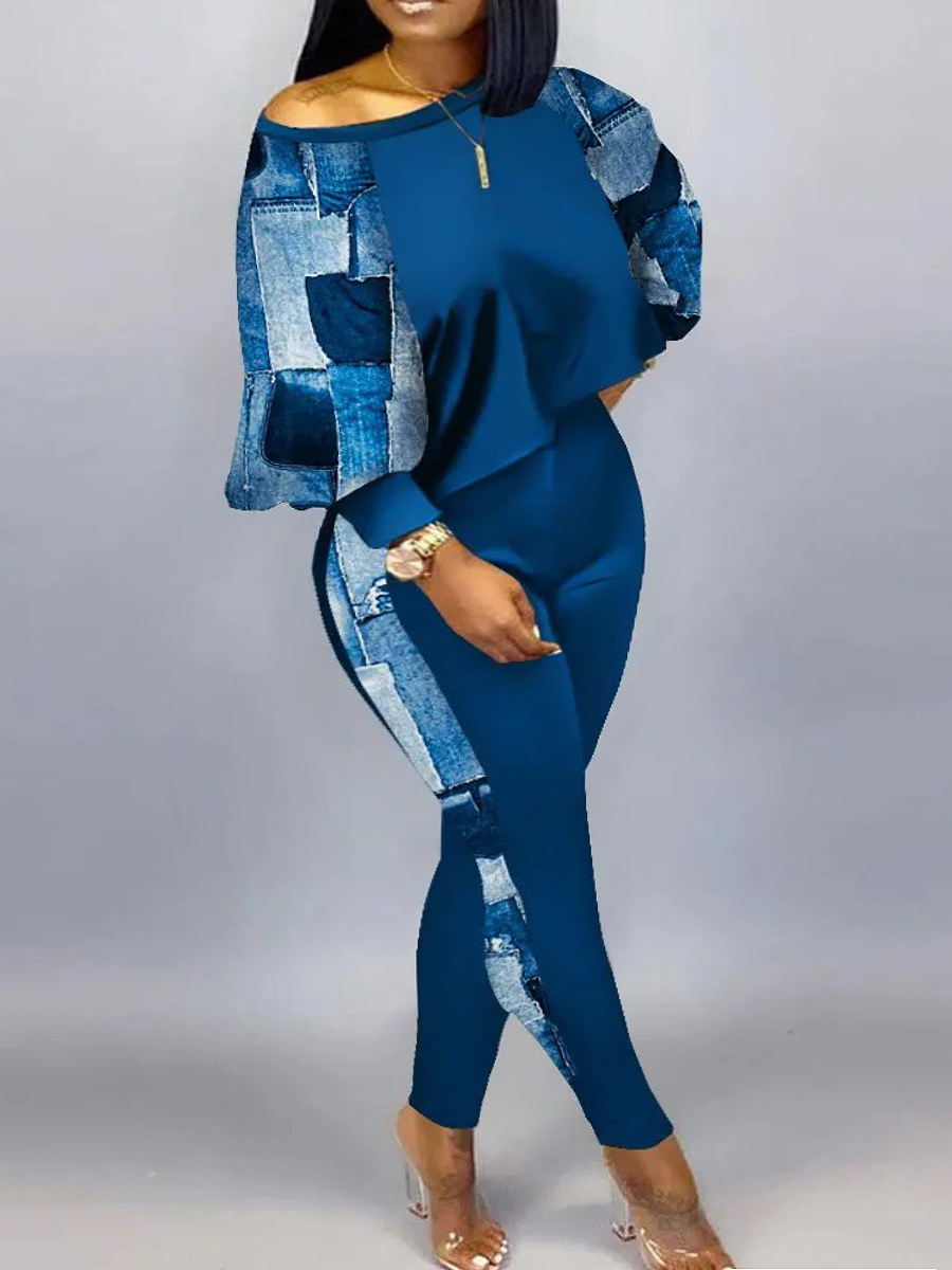 LW Plus Size Imitation Denim Crop Top Skinny Pants Set