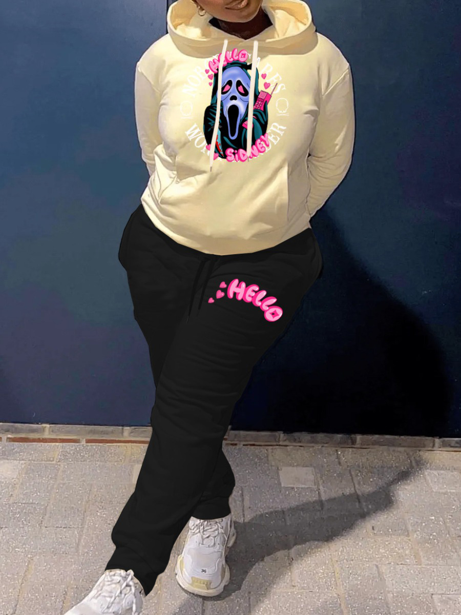 LW Cartoon Letter Print Kangaroo Pocket Tracksuit Set