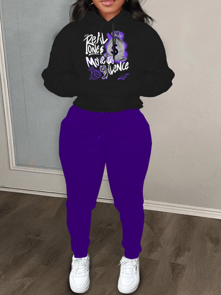 LovelyWholesale Plus Size Money Bag Letter Print Kangaroo Pocket Tracksuit Set Fall Long Sleeve Casual Hooded Collar  3X Spring Summer 2024