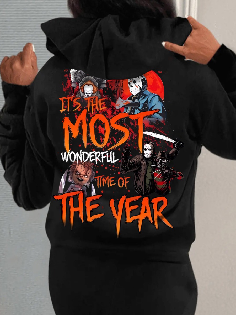 LW Plus Size Halloween Clown Letter Print Kangaroo Pocket Hoodie