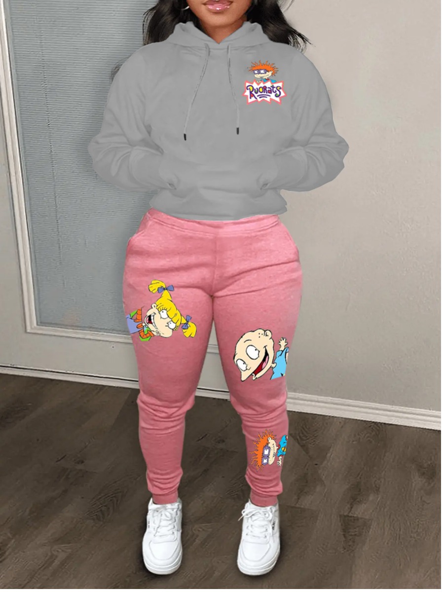 LW Cartoon Print Kangaroo Pocket Tracksuit Set