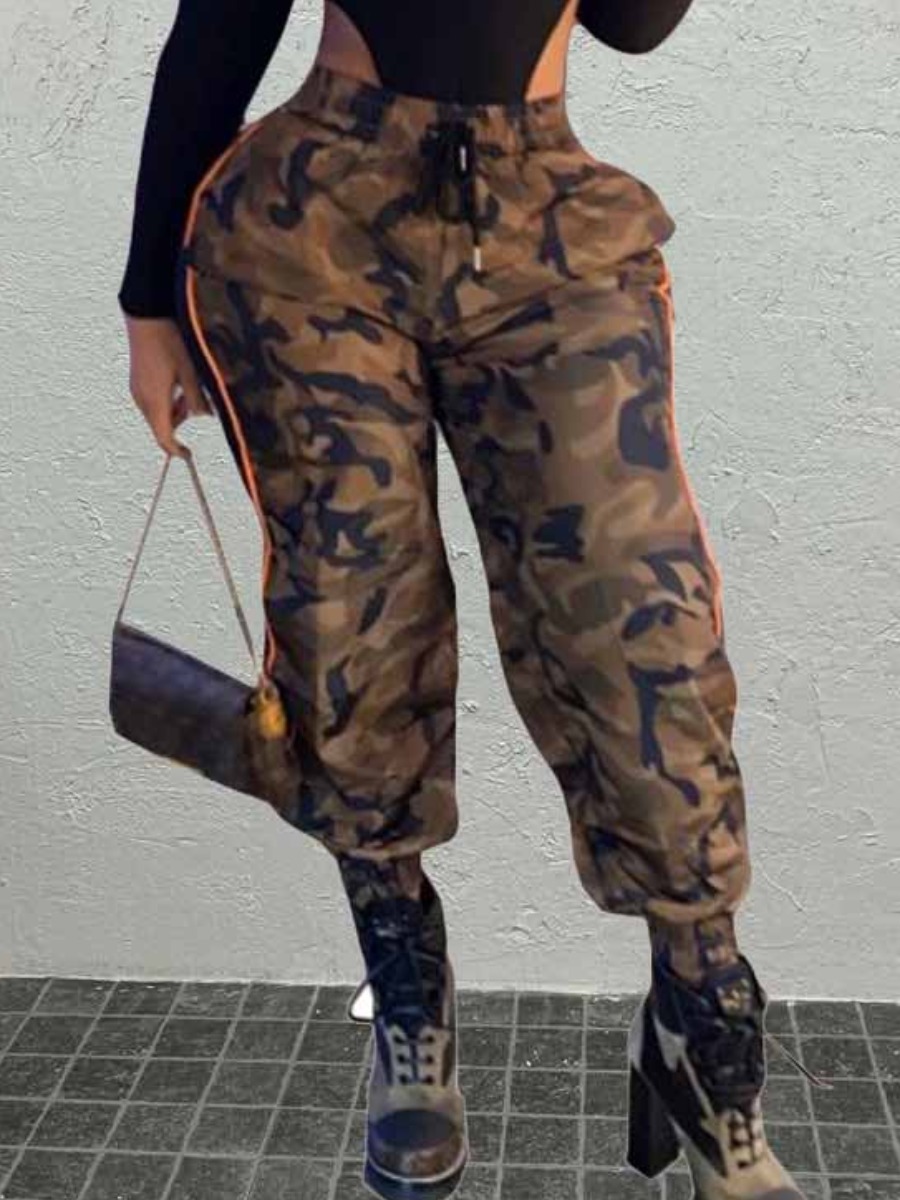 LovelyWholesale High Waist Camo Print Drawstring Cargo Pants Spring|Fall Nine Points Sleeve Casual Spring Summer 2024