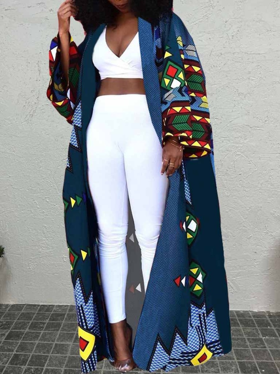 LW Plus Size Geometric Afro Print Loose Trench Coa