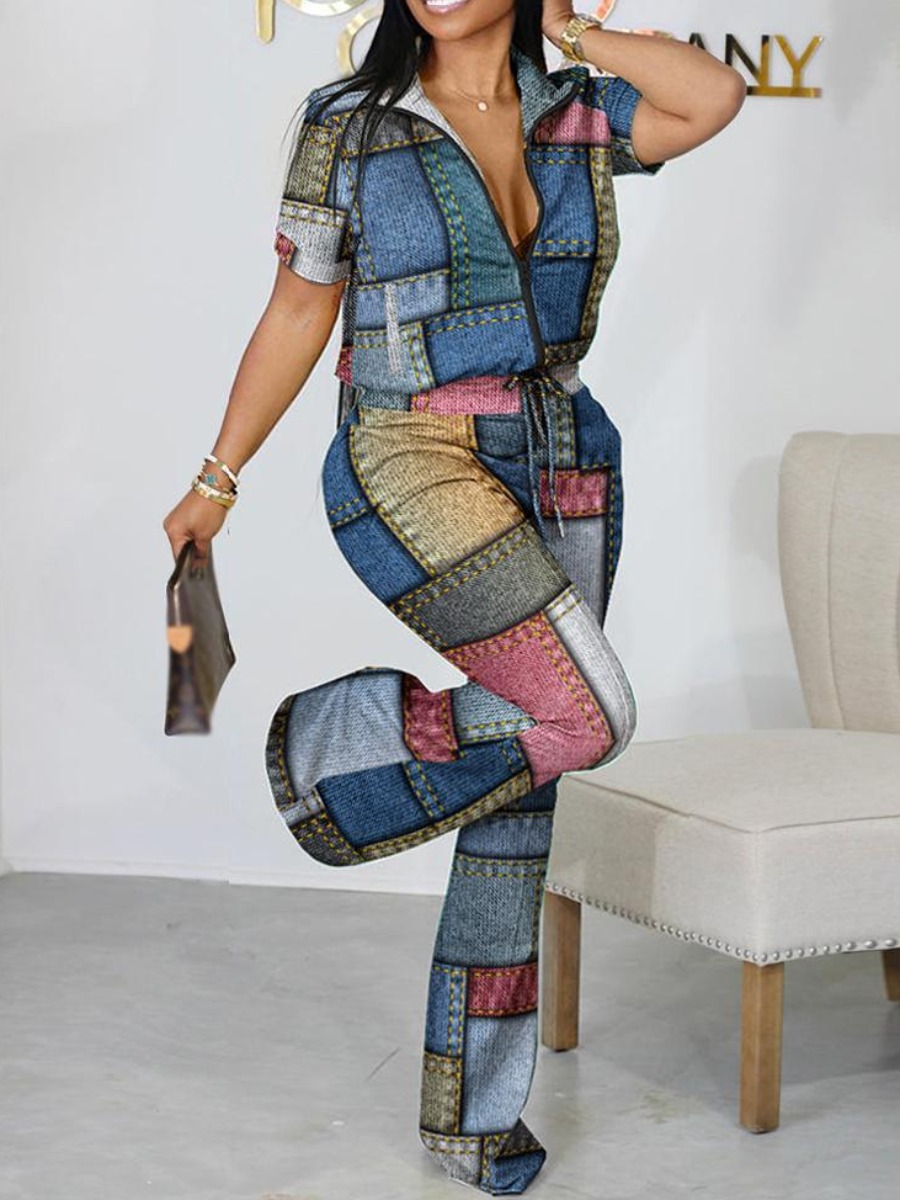 LW Imitation Denim Patchwork Drawstring Pants Set