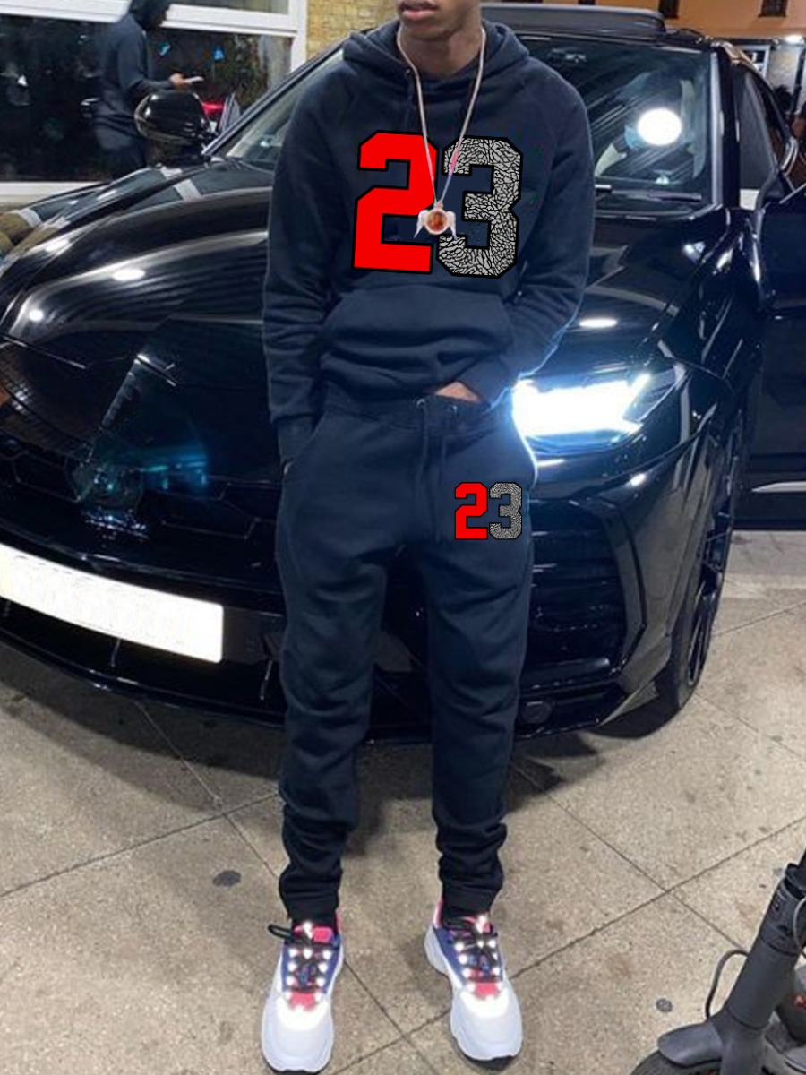 LW Men Letter Print Kangaroo Pocket Tracksuit Set