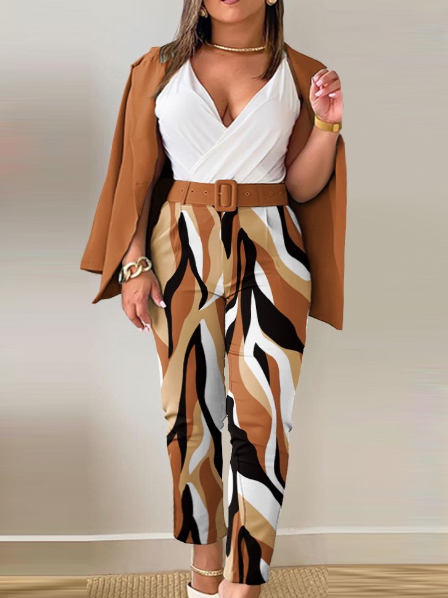 LW Plus Size Mixed Print Belt Design Blazer Pants 