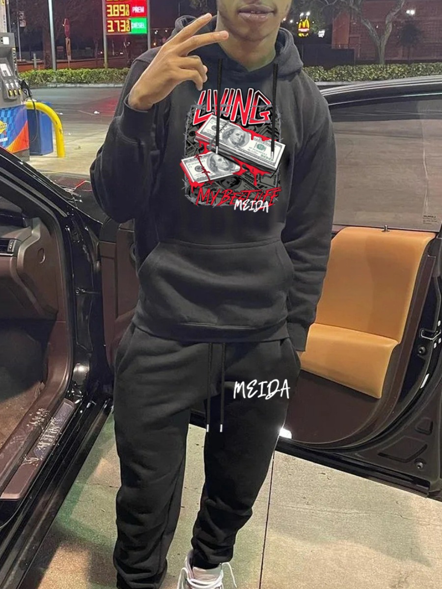 LW Men Money Letter Print Kangaroo Pocket Tracksuit Set