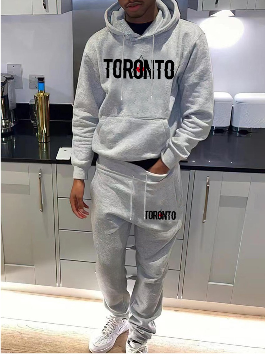 LW Men Letter Print Kangaroo Pocket Tracksuit Set