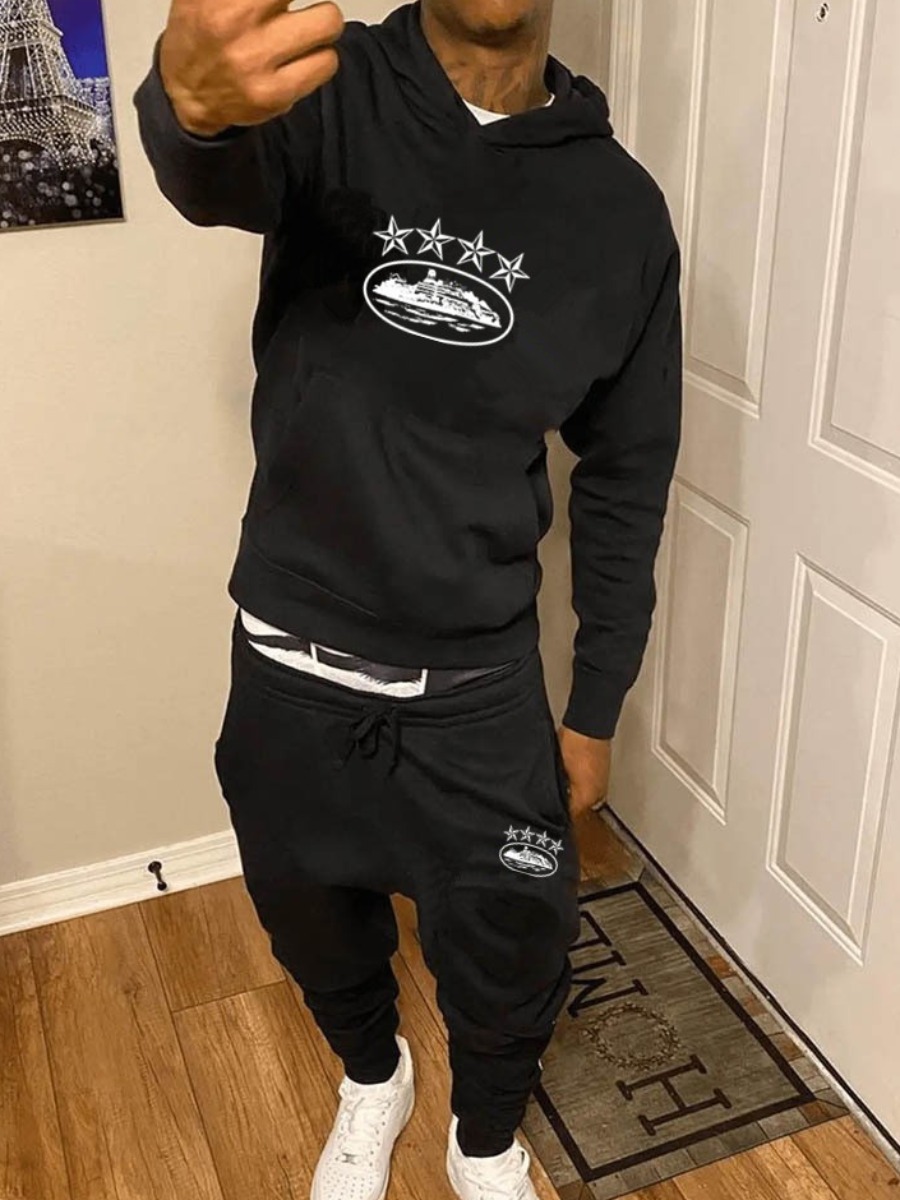 LW Men Star Print Kangaroo Pocket Tracksuit Set