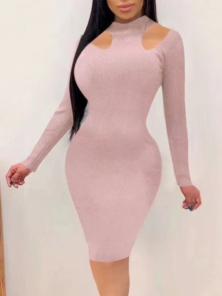 LW BASICS Solid Color Pierced Bodycon Midi Dress