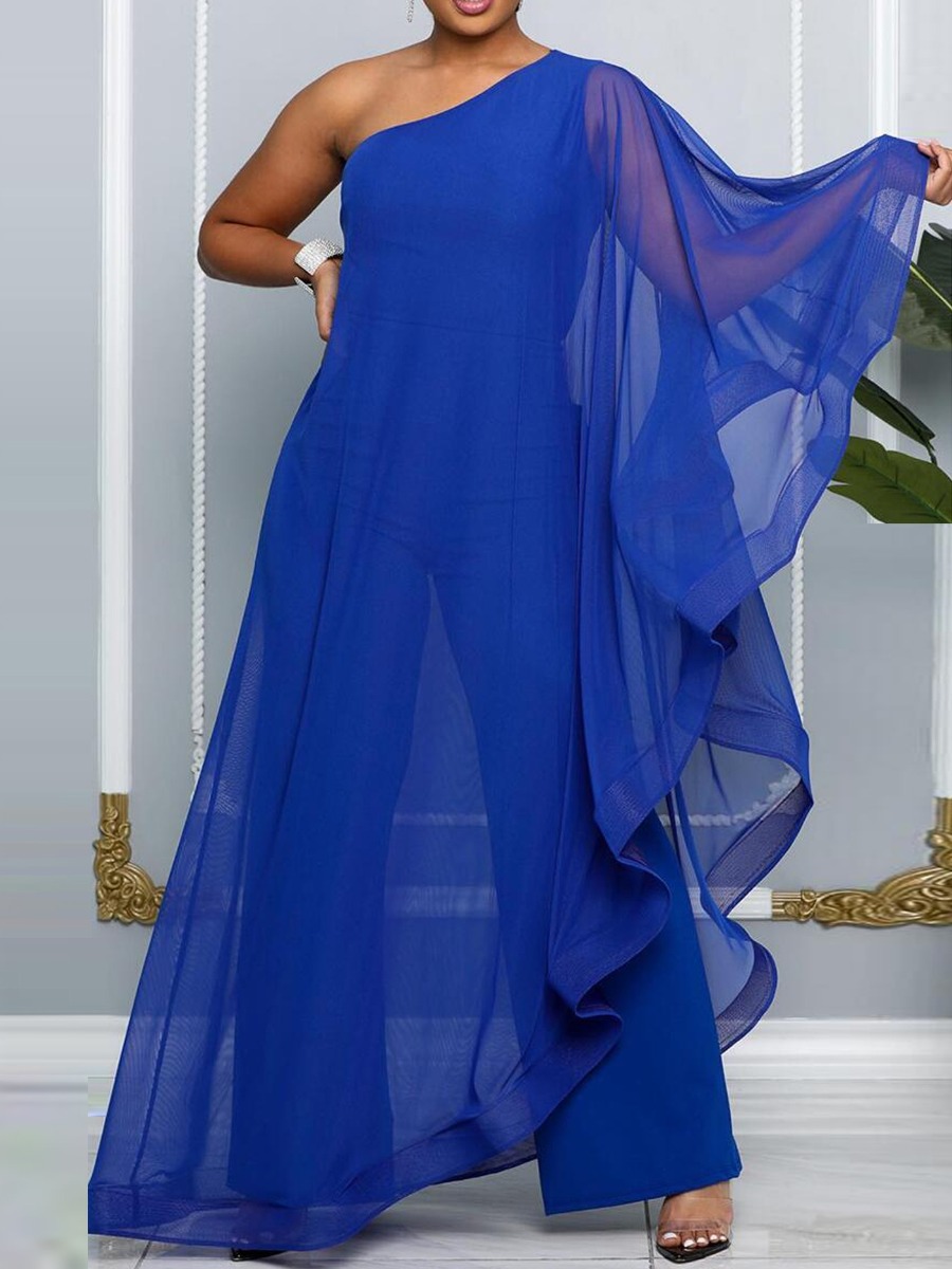 LW Plus Size One Shoulder See Through Flounce Design Jumpsuit