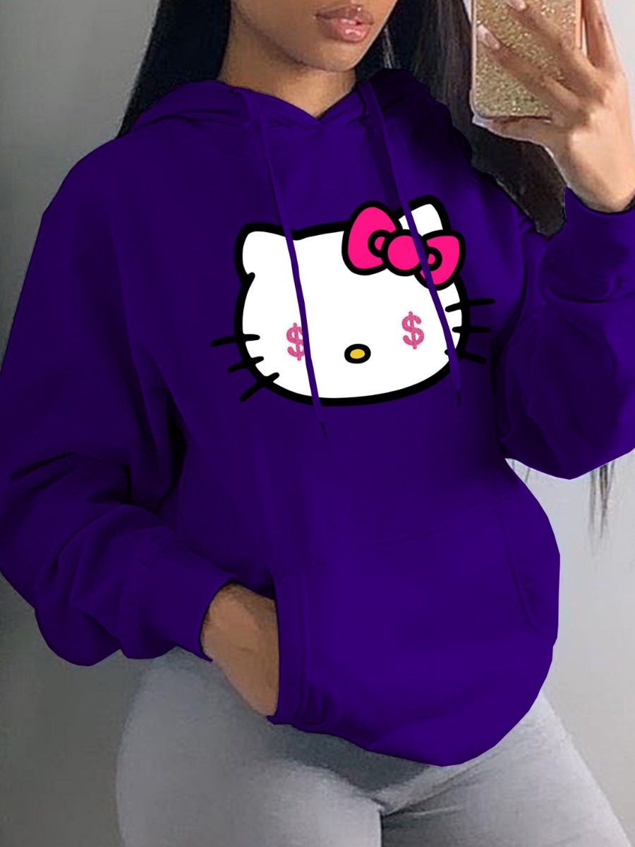 LW Plus Size Cartoon Print Kangaroo Pocket Hoodie