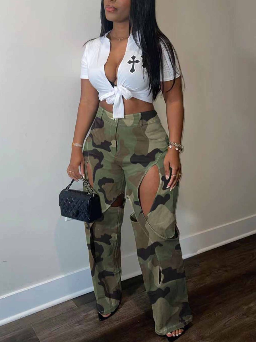 LW Camo Print Cut Out Wide Leg Cargo Pants