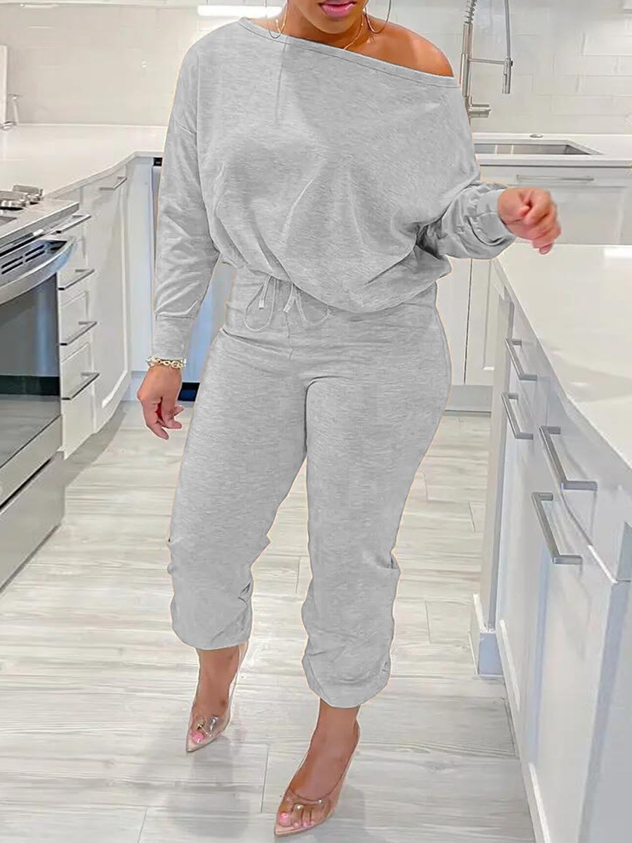 LW Plus Size Inclined Neck Drawstring Loose Pants Set
