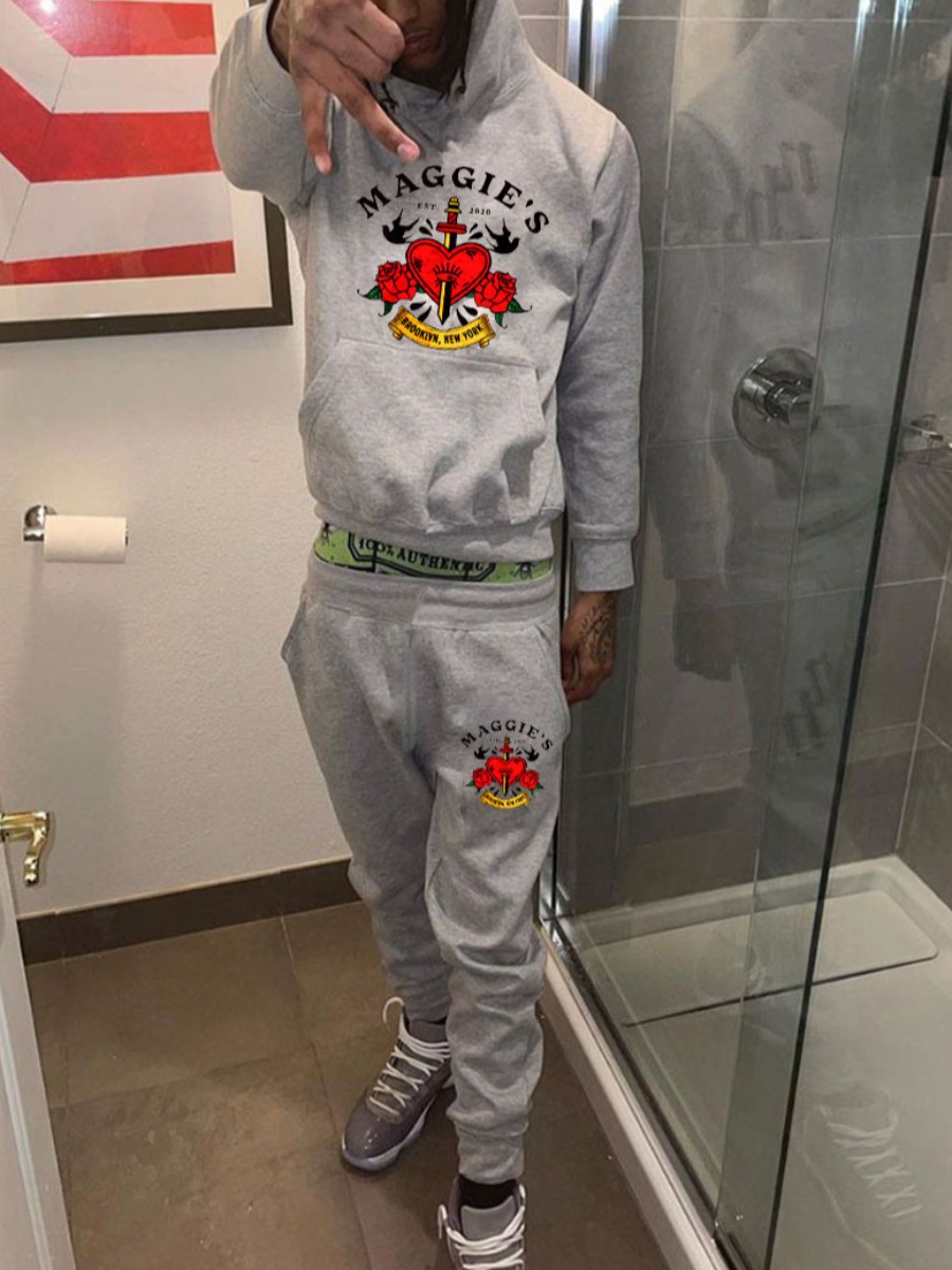 LW Men Heart Bird Letter Print Kangaroo Pocket Tracksuit Set