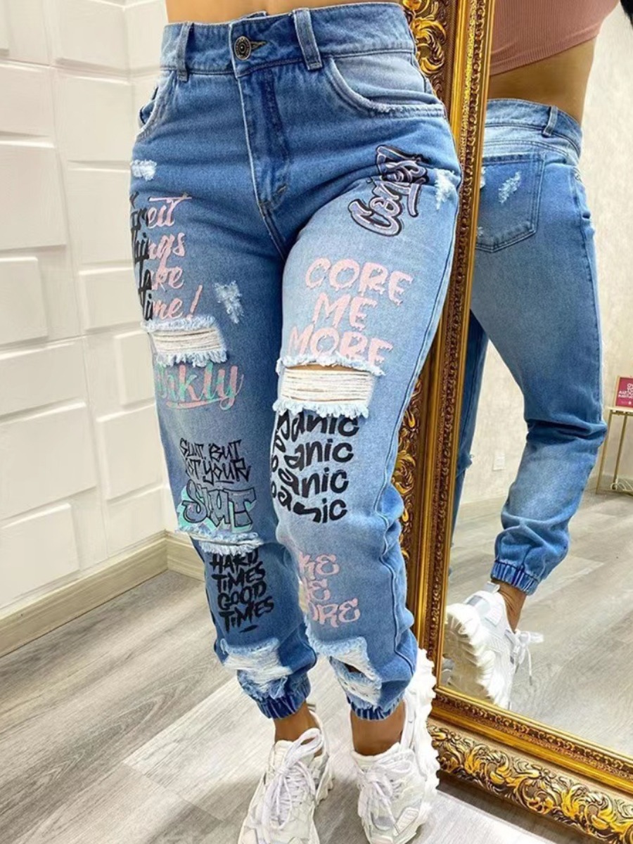 LW Graffiti Letter Print Ripped Jeans