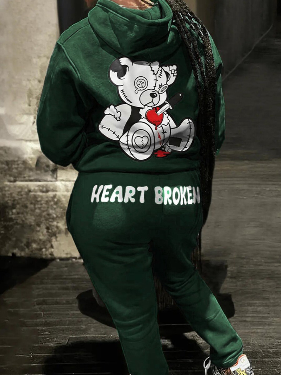 LW Drawstring Pattern Kangaroo Pocket Print Letter Bear Loose Two-piece Pants Set