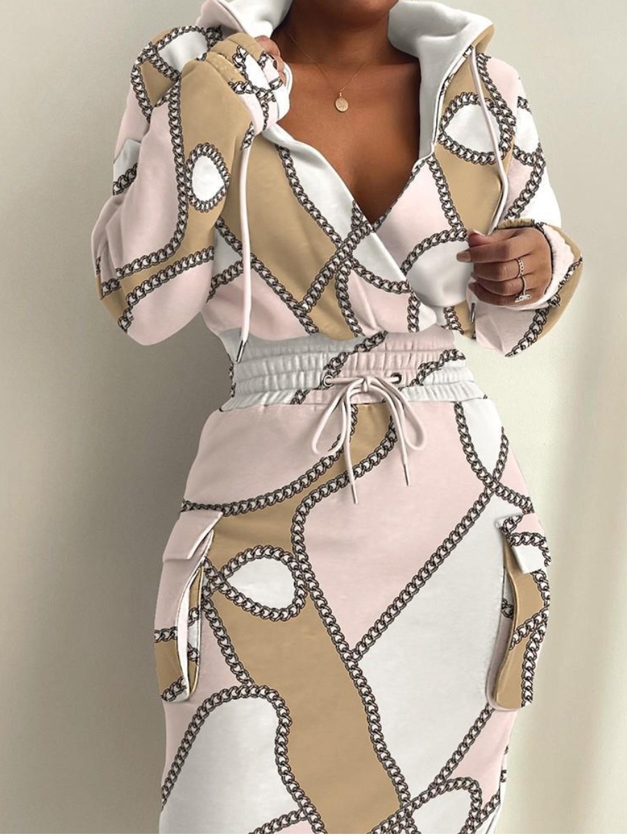 LovelyWholesale Chain Print Side Pocket Drawstring Dress Fall Long Sleeve Casual Pattern Hooded Collar Spring Summer 2024