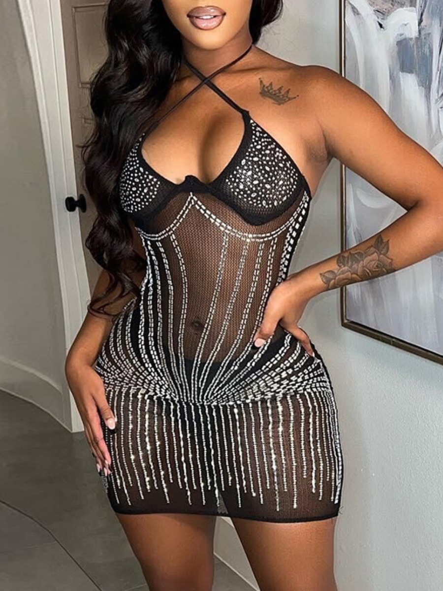 LW SXY See Through Backless Rhinestone Bodycon Dre