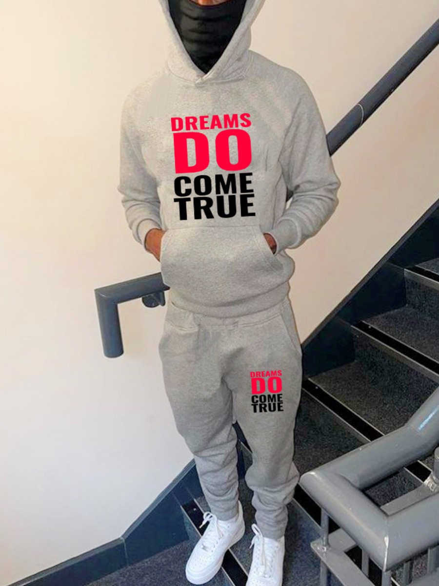 LW Men Letter Print Kangaroo Pocket Tracksuit Set