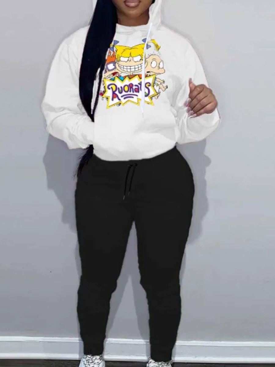 LW Cartoon Letter Print Kangaroo Pocket Tracksuit Set