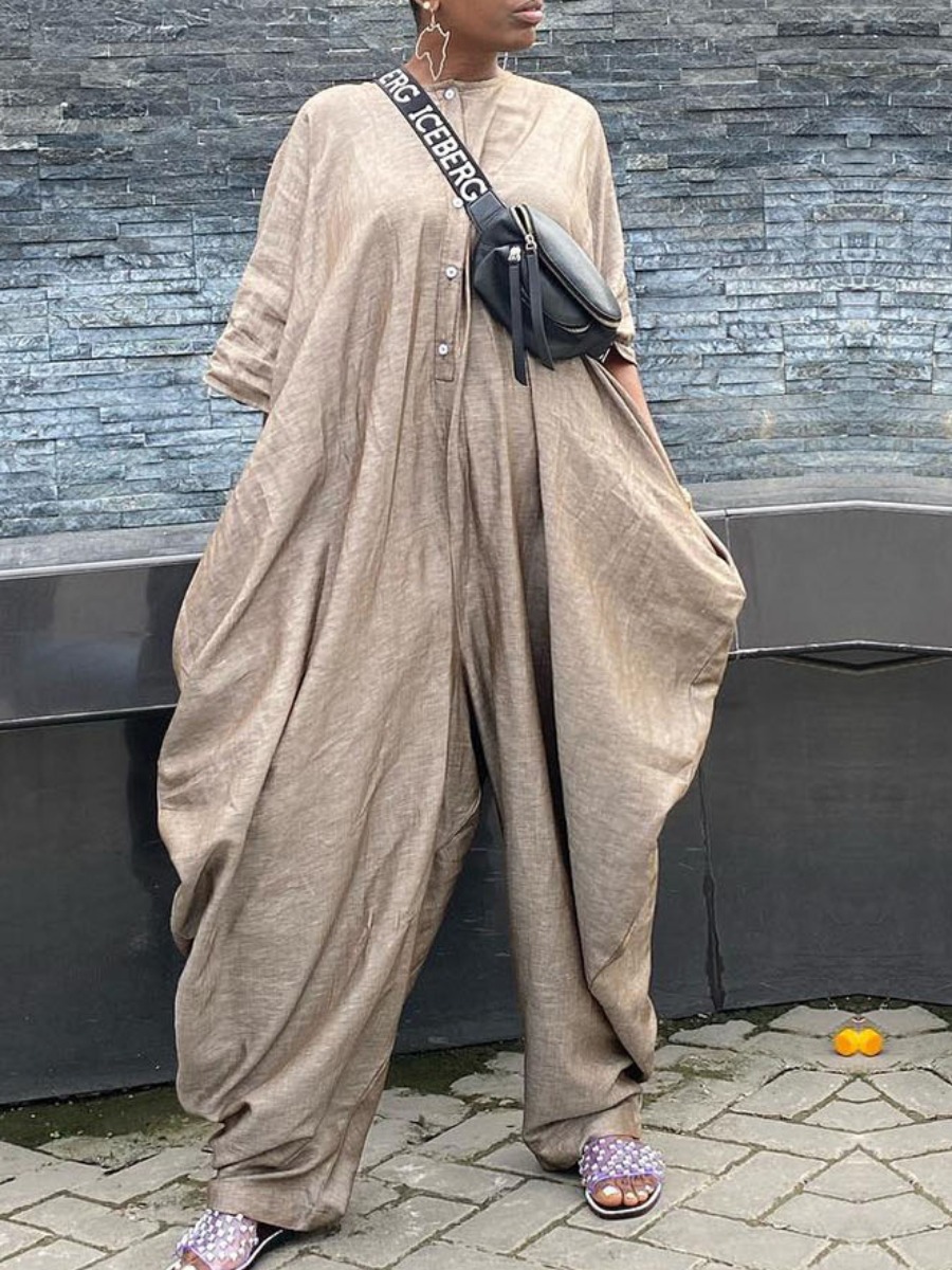 LW Plus Size Pocket Button Design Loose Jumpsuit