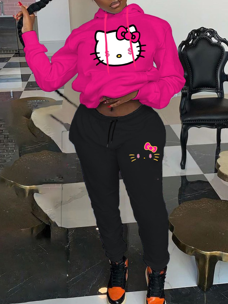 LW Plus Size Cartoon Print Kangaroo Pocket Tracksuit Set