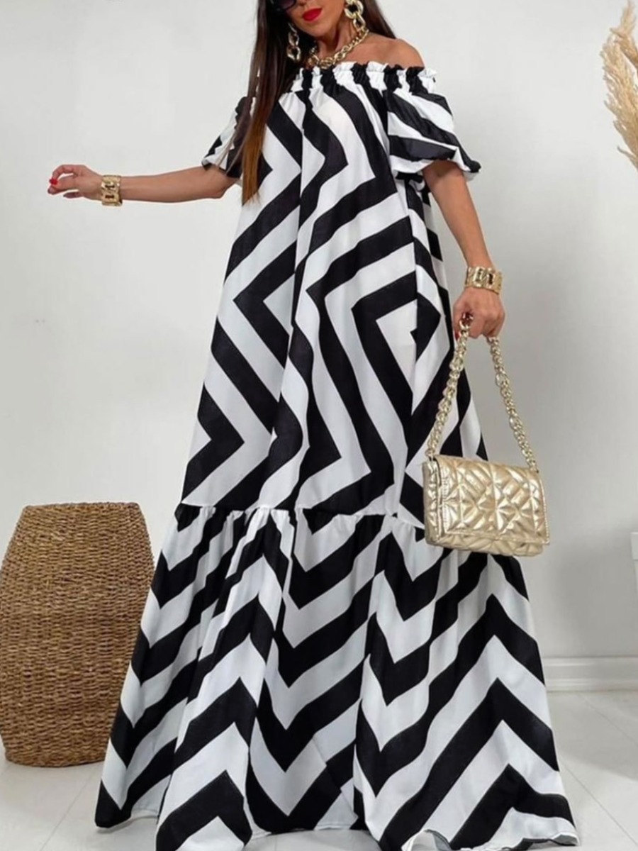 LovelyWholesale Plus Size One Shoulder Striped Ruffle Design A Line Dress Summer Short Sleeve Vacation Pattern One Shoulder  3X Spring Summer 2024