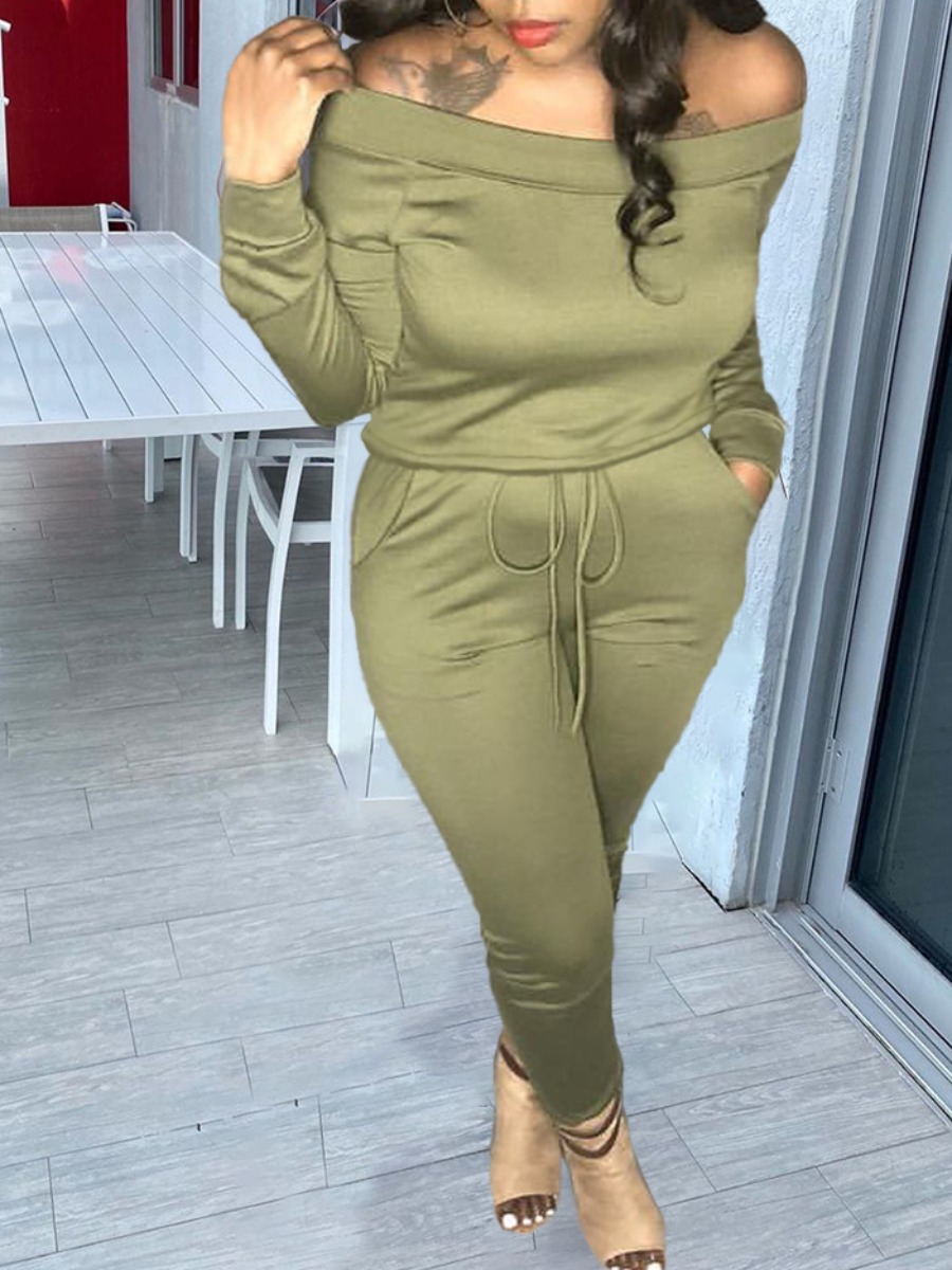 LW Drawstring Pocket Design Solid Color Skinny Two-piece Pants Set
