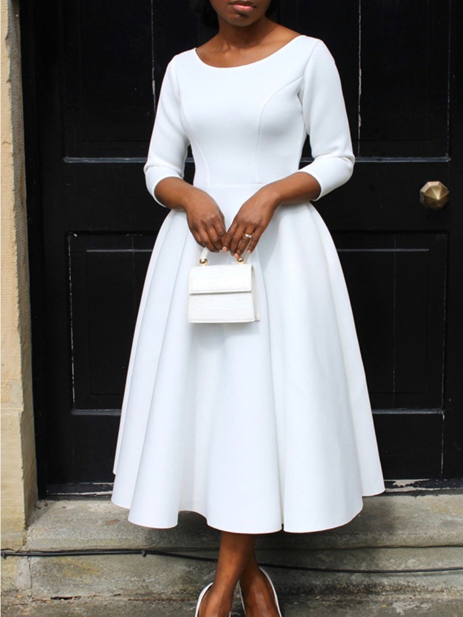 LovelyWholesale Round Neck A Line Prom Dress Spring|Fall Three Quarter Elegant Solid Color Round Neck Spring Summer 2024