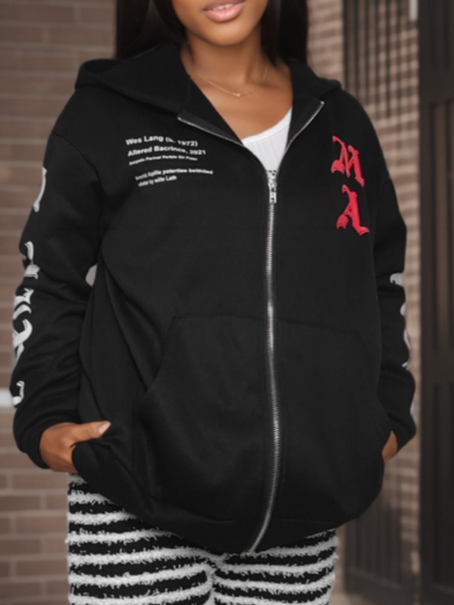 LW Plus Size Hooded Collar Letter Print Jacket