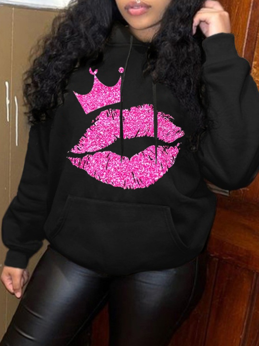 LW Crown Letter Print Kangaroo Pocket Hoodie