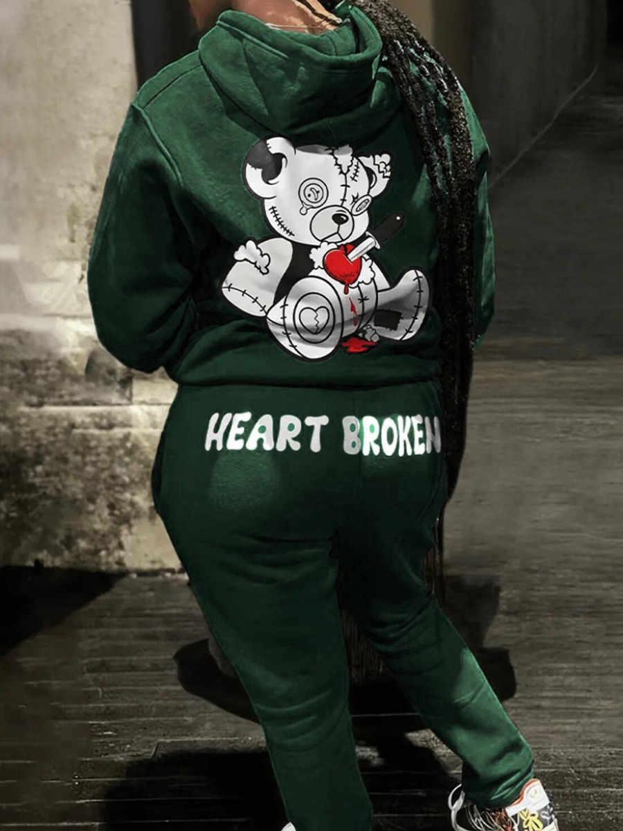 LW Plus Size Teddy Bear Letter Print Kangaroo Pocket Tracksuit Set