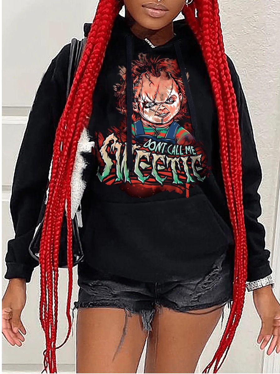 LW Plus Size Halloween Clown Letter Print Kangaroo Pocket Hoodie