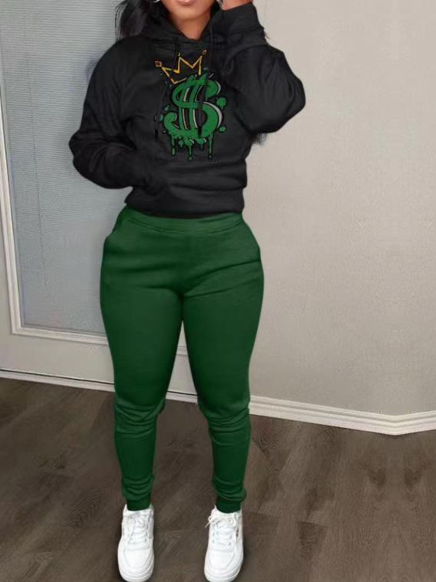 LovelyWholesale Plus Size Crown Letter Print Kangaroo Pocket Tracksuit Set Fall Long Sleeve Casual Hooded Collar  3X Spring Summer 2024