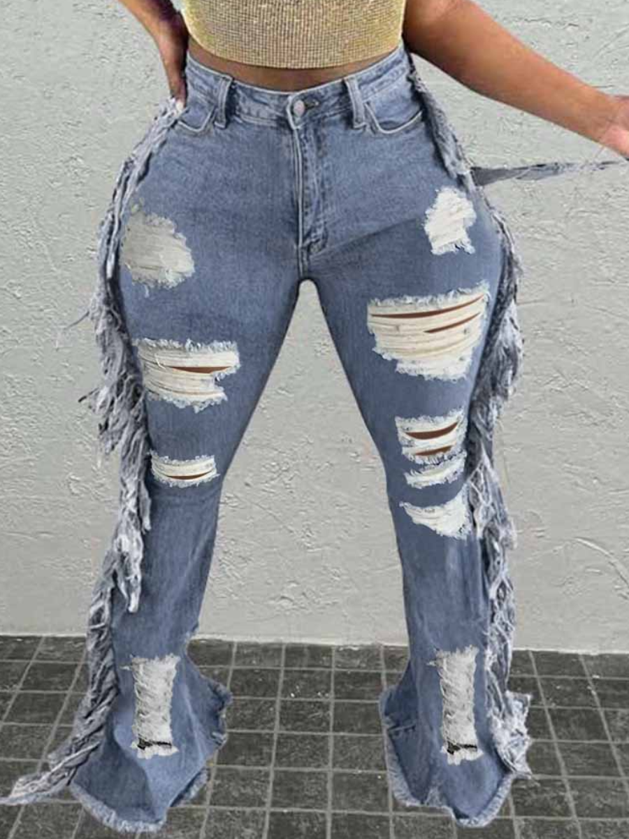 LW High Waist Tassel Design Ripped Pocket Pierced Skinny Micro Elasticity Jeans