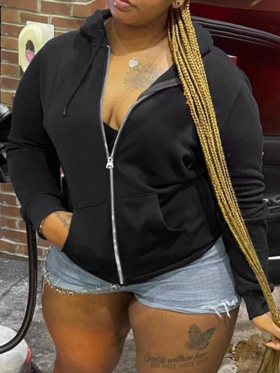 LW BASICS Plus Size Hooded Collar Kangaroo Pocket Jacket