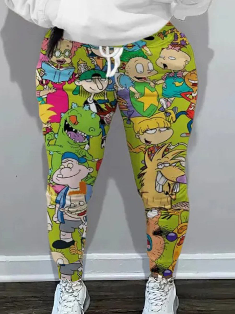 LW Plus Size High Waist Drawstring Pocket Design Pattern Print Cartoon Skinny Pants