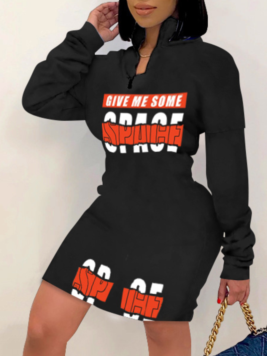 LW Letter Print Zipper Design Sweat Dress