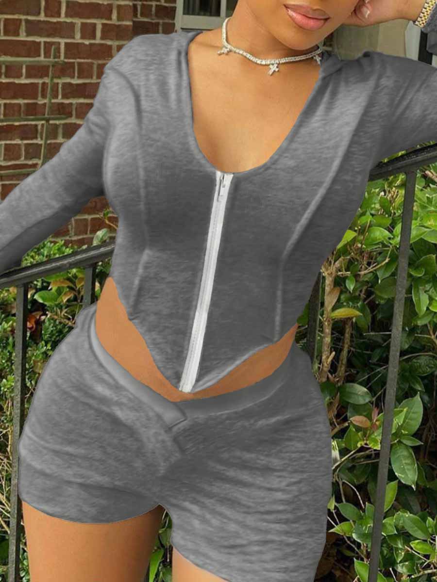 LW Hooded Collar Crop Top Skinny Shorts Set