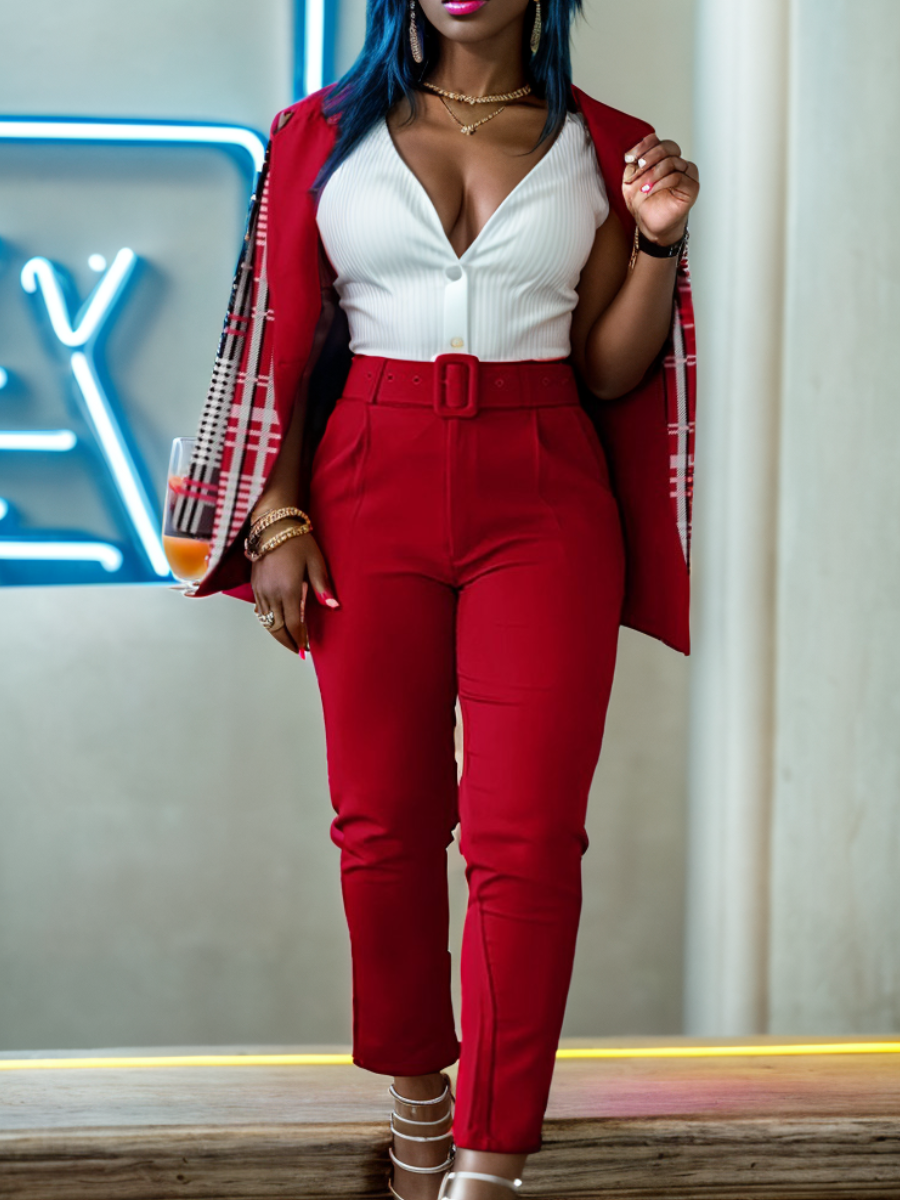 LW Plus Size Plaid Print Belt Design Blazer Pants Set