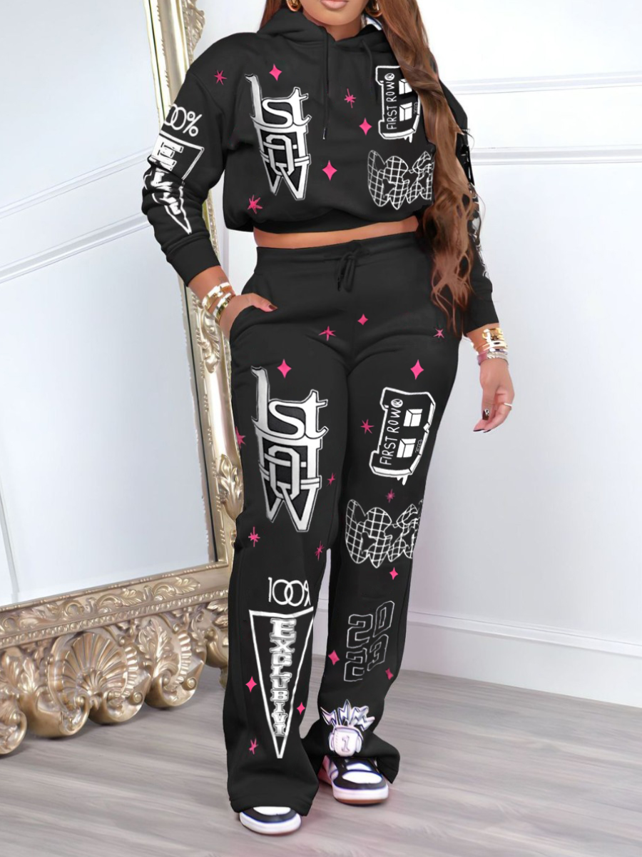 LW Hooded Collar Pocket Design Letter Print Pants Set