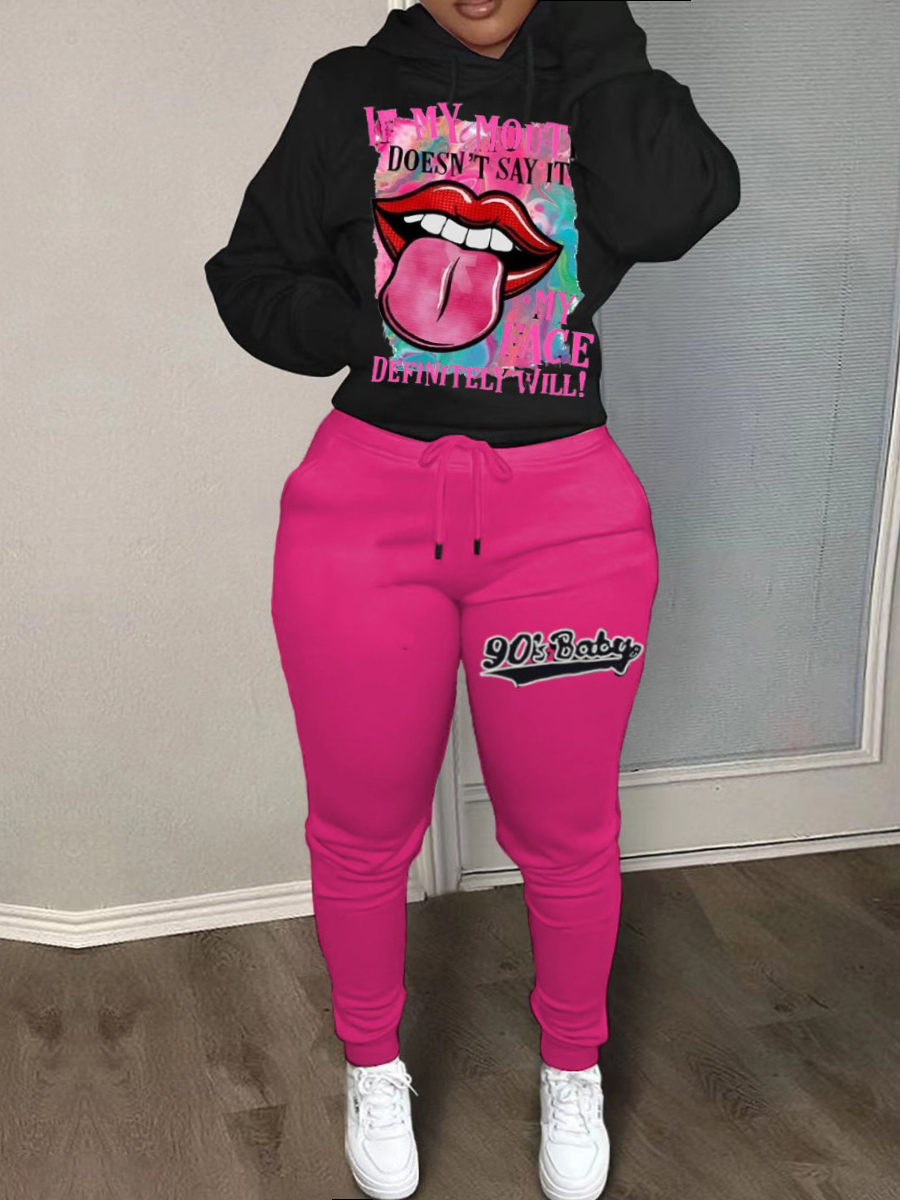 LovelyWholesale Plus Size Lip Letter Print Kangaroo Pocket Tracksuit Set Fall Long Sleeve Casual Hooded Collar  3X Spring Summer 2024